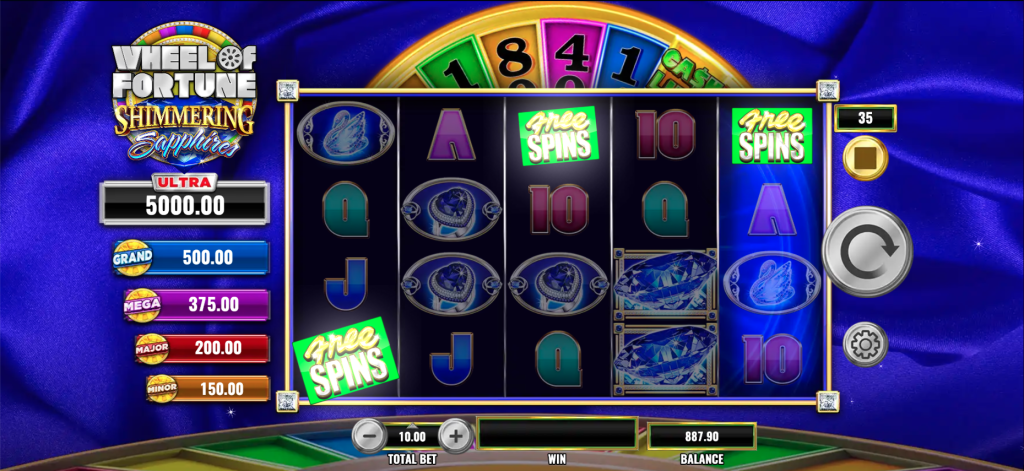 Wheel of Fortune Shimmering Sapphires slot machine free spins triggered